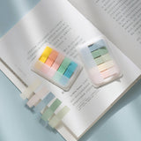 two sets of PET sticky notes with one rainbow theme colour and one morandi theme colour displayed on an open book