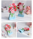 3d pop up greeting card of a bunch of carnation flowers in a vase displayed in various ways