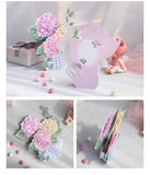 3d pop up greeting card of a bunch of hydrangea flowers in a tea cup displayed in various ways