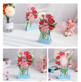 3d pop up greeting card of a bunch of carnation flowers in a vase displayed in various ways